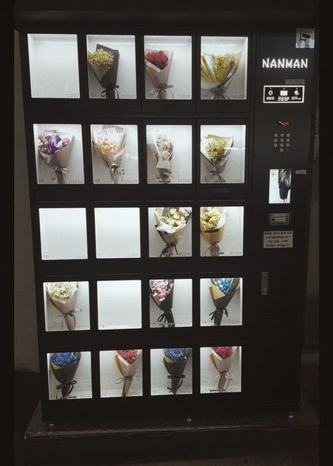 flower vending machine 🖤 | delaneyguzik Flower Vending Machine, Slot Machine Aesthetic, Champaign Bar, Costco Flowers, Grab Machine, Vending Machine Design, Vending Machine Business, Coin Games, Flower Cart