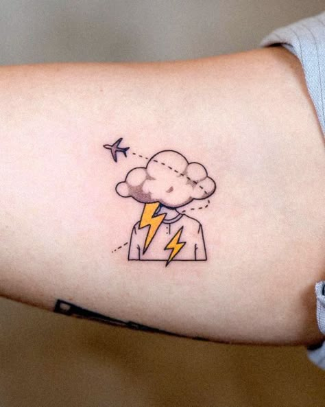 Tattoo Ideas Drawings Simple, Line Drawn Tattoo, Head In The Clouds Tattoo Simple, Tattoo Ideas For Men Color, Cute Cloud Tattoo, Pixel Tattoo Ideas, Plane Tattoo Design, Head In The Clouds Tattoo, Funky Tattoo Ideas