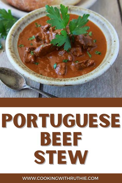 Embark on a culinary journey with Portuguese Beef Stew! Inspired by the flavors of Sintra, Portugal, this stew boasts rich beef, savory spices, and a medley of vegetables. A taste of Portugal in every spoonful. || cookingwithruthie.com #portuguesecuisine #beefstew #globalflavors #cookingwithruthie Portuguese Beef Stew, Portuguese Stew Recipes, Portuguese Carne Guisada, Sopas Portuguese Recipe, Portuguese Vegetable Recipes, Portuguese Vegetables, Portuguese Beef Stew Recipe, Portuguese Stew, Portuguese Food Recipes