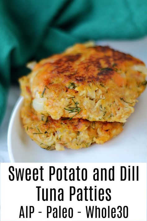 Sweet Potato and Dill Tuna Patties (AIP/Paleo/Whole30) * Lichen Paleo, Loving AIP Egg Free Tuna Patties, Tuna And Sweet Potato Patties, Aip Tuna Patties, Sweet Potato Tuna Patties, Paleo Tuna Recipe, Quick Gut Healthy Meals, Aip Tuna Recipes, Aip Avocado Recipes, Summer Aip Recipes