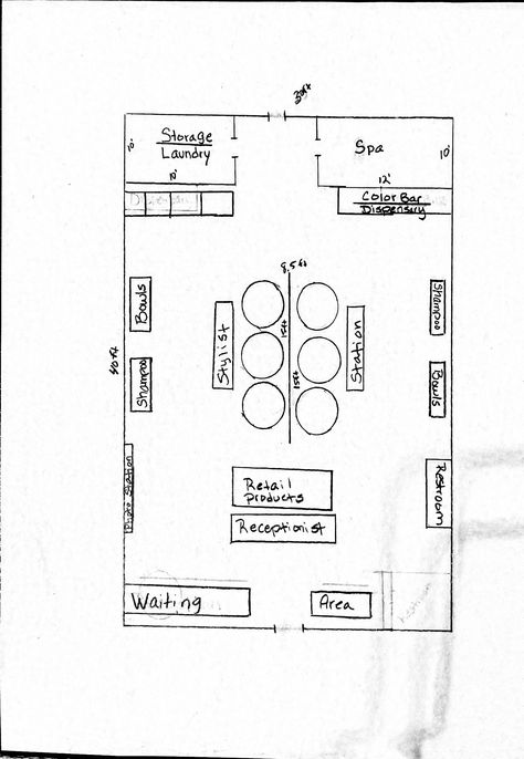 1600 Sq Ft Hair Salon Layout, 900 Sq Ft Salon Layout, Nail Salon Layout Ideas Floor Plans, Bloxburg Salon Layout, Salon Floorplan, Boutique Layout Floor Plans, Hair Salon Layout Ideas Floor Plans, Bloxburg Hair Salon, Small Hair Salon Ideas Layout