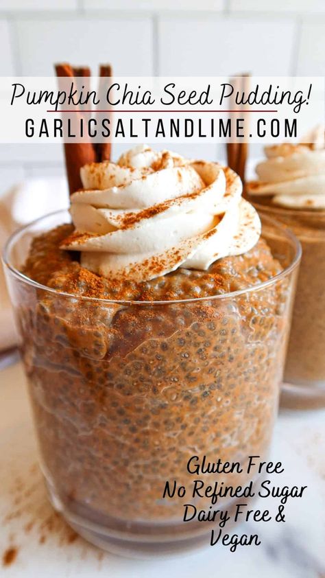 This quick, easy pumpkin pie chia seed pudding recipe is made with coconut cream (or sub almond milk), pumpkin puree, maple syrup, cinnamon, nutmeg, salt & vanilla! This gluten free, dairy free, refined sugar free, vegan treat is an excellent make ahead breakfast, snack, healthy dessert or lunch idea. Leave seeds whole or blend them for a smoother texture. Serve in a small bowl, glass or jar! Ready in 20-30 minutes or let it sit overnight! Add toppings like non-dairy whip cream or chopped nuts. Pumpkin Chia Seed Pudding, Daniel Fast Breakfast, Pumpkin Pie Chia Pudding, Pumpkin Chia Pudding, Healthy Pumpkin Dessert, Chia Seed Pudding Recipe, Pumpkin Puree Recipes, Chia Seed Recipes Pudding, Pumpkin Recipes Healthy