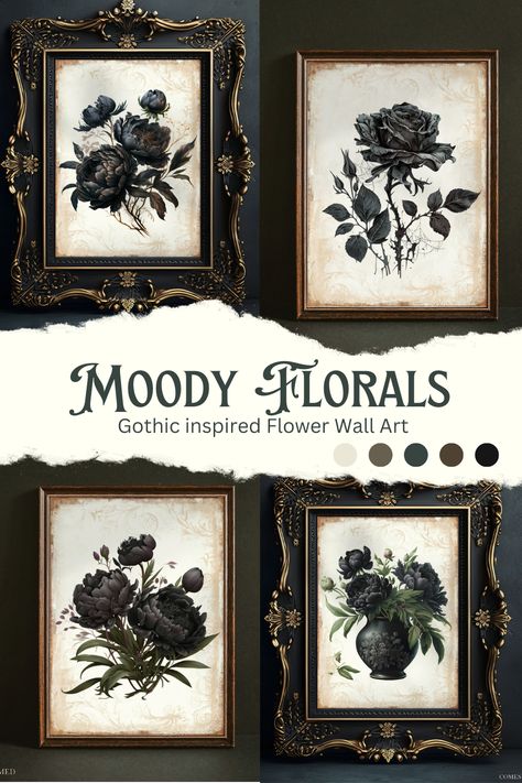 Gothic Victorian Wall Decor, Goth Prints For Wall, Gothic Moody Bedroom, Gothic Floral Art, Black And White Aesthetic Wall Art, Gothic Picture Wall, Diy Dark Decor, Goth Aesthetic Home Decor, Diy Vintage Wall Decor