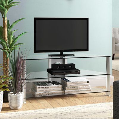 Ebern Designs Chancery TV Stand for TVs up to 43" Tv Stand Glass Doors, Rectangle Glass Tv Table, Metal Glass Tv Stand, Tv Stand Glass, Glass Tv Stand, Entertainment Console, Cool Tv Stands, Entertainment Centers, Tv Stands And Entertainment Centers