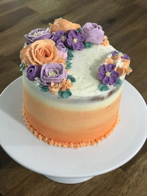 Orange Ombré Cake, Purple And Orange Cake, Squishmallow Party, Buttercream Rose Cake, Square Birthday Cake, Orange Birthday Cake, Orange And Purple Flowers, Heart Shaped Wedding Cakes, Bakery Theme