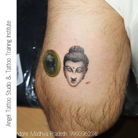 Coin size Buddha face tattoo design. #buddhatattoo #buddhafacetattoo #buddisttattoo #angeltattoostudioindore Buddha Face Tattoo Design, Buddha Face Tattoo, Face Tattoo Design, Buddha Tattoo, Buddha Face, Angel Tattoo, Face Tattoo, First Tattoo, Tattoo Studio