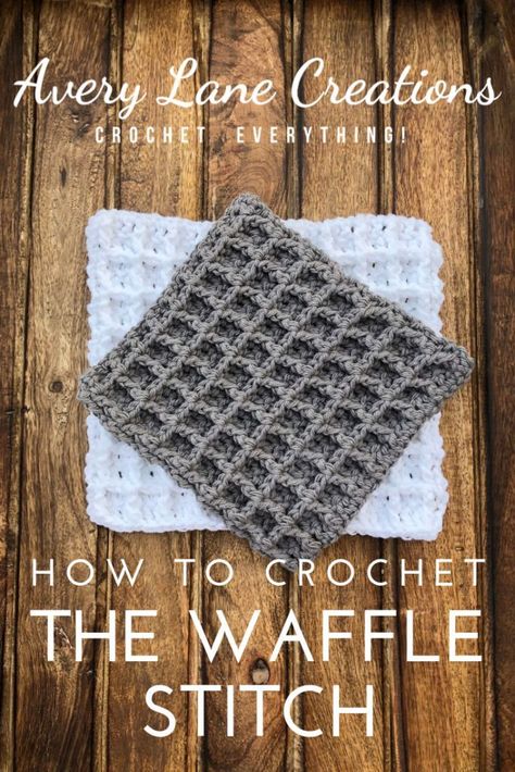 How to Crochet the Waffle Stitch  Crochet with cotton yarn free crochet washcloth pattern and video tutorial. Learn to Crochet the waffle stitch - Avery Lane Creations Waffle Stitch Dishcloth, Crochet Waffle, Crochet Waffle Stitch, Crochet Washcloth Pattern, Stitches Pattern, Crochet With Cotton Yarn, Coaster Pattern, Crochet Stitches For Blankets, Washcloth Pattern