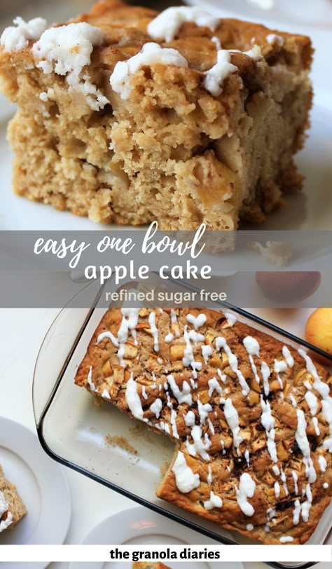 This Apple Yogurt Cake Recipe is delicious, moist, and super easy. It is refined sugar free, nut free, and can easily be made gluten free with a gluten free flour option. It comes together in only a few minutes and makes a delicious, healthy snack! #applecake #yogurtcake #onebowlrecipes #refinedsugarfree #applecinnamoncake Gluten Free Apple Baked Oatmeal, Apple And Yogurt Cake, Gf Apple Desserts Easy, Gluten Free Apple Cake Recipe Easy, Almond Flour Gluten Free Desserts, Grain Free Apple Cake, Apple Cake With Yogurt, Healthy Green Apple Dessert, Healthy Sweet Snacks Nut Free