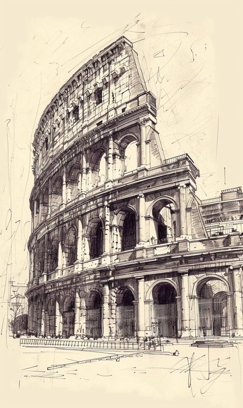 Pencil Sketch Buildings, Ancient Architecture Sketch, Architecture Drawing Sketchbooks Ideas, Colosseum Tattoo Design, Roman Architecture Drawing, Greek Architecture Drawing, Colosseum Sketch, Colosseum Illustration, Colosseum Drawing