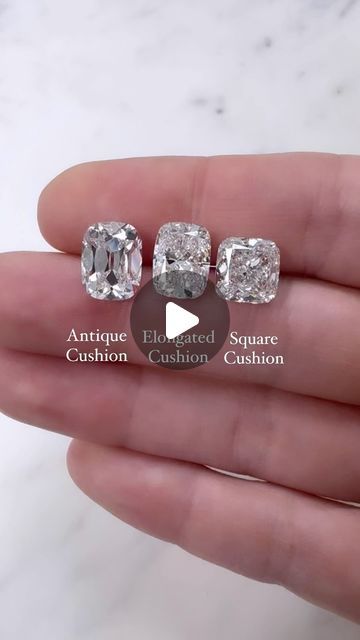 Alexandra Beth Fine Jewelry on Instagram: "I always get asked about the different type of cushion cuts so here you go! To me these are the three main types!   Within the elongated and square cushions- they can be classified as cushion modified brilliant or cushion brilliant. CMB has extra facets and more of a crushed ice look! Most elongated cushions I see are CMB. Square cushions are more commonly either CMB or CB. And antiques are classified as CB on the cert (or old mine cut) but they have their own unique appearance!   #antiquecushion #elongatedcushion #cushioncut #cushionbrilliant #cushionmodifiedbrilliant #alexandrabeth" Diamond Carat Size Chart Cushion, Old Mine Elongated Cushion, Antique Elongated Cushion Cut, Diamond Carat Size Chart, Carat Size Chart, Cushion Cut Wedding Rings, Diamond Carat Size, Antique Cushion Cut, Elongated Cushion Cut