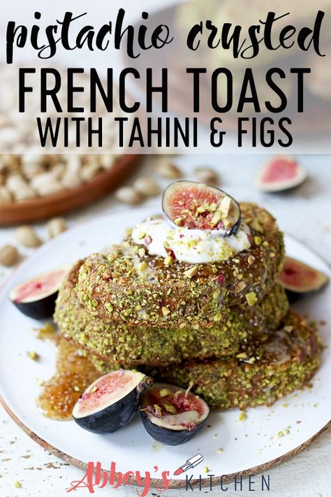 Pistachio crusted french toast on a white plate topped with yogurt and figs. Pistachio French Toast, Crusted French Toast, Figs Breakfast, French Toast Waffles, Vegan French Toast, Vegan French, Mother's Day Brunch, Savory Appetizer, Awesome Food