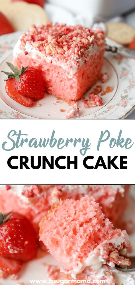 This Strawberry Crunch Poke Cake is giving me major dessert cravings! 😍 I can't wait to try making this for my next family get-together. The crushed vanilla cookie crumble sounds like the perfect finishing touch! 🍓🍰👌 #yum #strawberrylove Strawberry Crunch Poke Cake, Strawberry Crunch Cake, Strawberry Poke Cakes, Dessert Cravings, Poke Cake Recipe, Strawberry Crunch, Cookie Crumble, Almond Crunch, Cookie Toppings