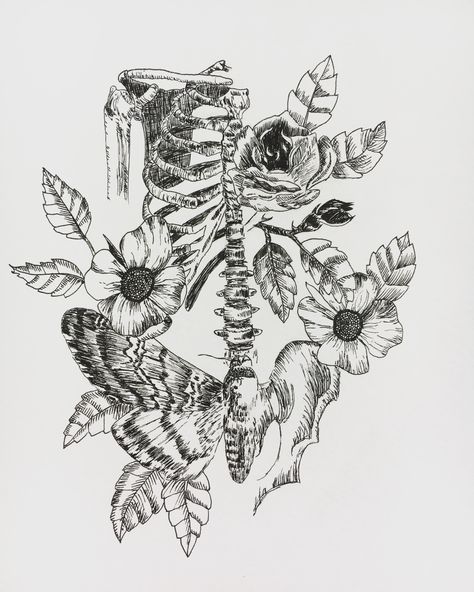 Skelton And Flowers Tattoo, Nature Skeleton Tattoo, Floral Anatomy Tattoo, Skeleton Torso Tattoo, Hanahaki Tattoo, Tattoo Ideas Anatomy, Anatomy Tattoo Sleeve, Skeleton And Flowers Tattoo, Human Anatomy Tattoo