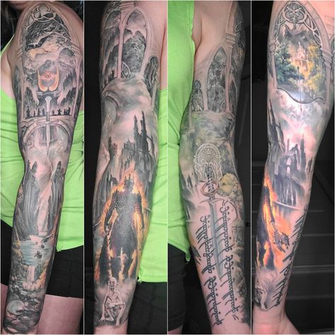 Incredible colour realistic Lord of the Rings themed sleeve done by @katarina.heinze! There is script, and all sorts of things from LOTR found in this sleeve. Nature scenery, the eye of Sauron. and Sauron himself and many other recognizable places from the movies! Tattoo Armor, Lotr Tattoo Ideas, Gandalf Tattoo, Hobbit Tattoo, Tattoo Sleeve Women, Final Fantasy Tattoo, Tattoo Leg Sleeve, Ring Tattoo Designs, Lotr Tattoo