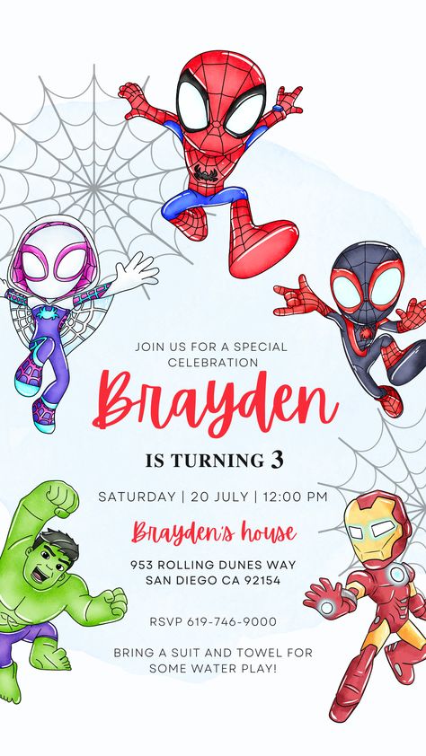 Spidey Party Invitation, Spiderman Bday Party Ideas, Spider Man 2nd Birthday Party Ideas, Spiderman 3rd Birthday Party, 4 Year Birthday Party Ideas Boy, Spiderman 3rd Birthday, Spider Man Party Ideas, Spiderman Birthday Ideas, Spidey Birthday Party