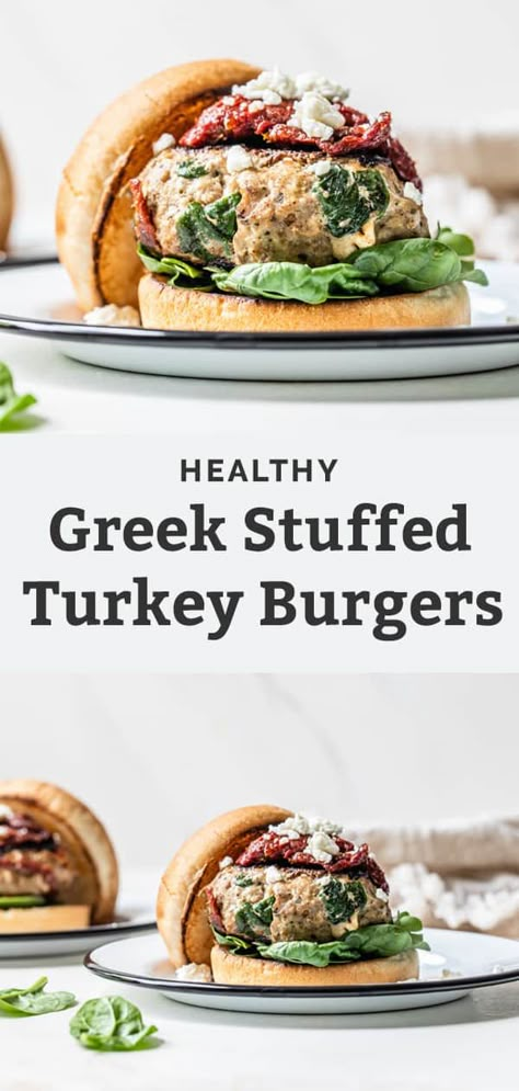 These Greek Turkey Burgers are a HUGE family favorite. They're a quick and easy recipe, perfect for grilling season. Stuffed with sautéed spinach, chopped sun dried tomatoes and feta. Great with a bun or even bun-less on a salad for a keto burger recipe. If following a dairy free diet, try subbing the feta for a plant based feta! #turkeyrecipes #turkeyburger #easydinner #recipe Turkey Burger Recipes Healthy, Burgers Vegetarian, Healthy Burger Recipes, Fit Mitten Kitchen, Cooking Japanese, Greek Turkey, Tomatoes And Feta, Greek Turkey Burgers, Vegetarian Barbecue