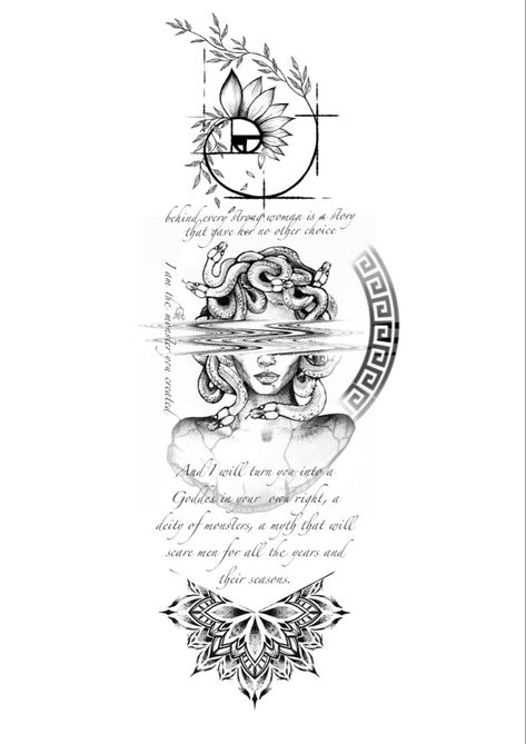 Small Tattoos Arm Sleeve Women, Back Of Neck Tattoo Down Spine, Medusa Tattoo Design Forearm, Leg Sleve Ideas Women, Illusion Tattoo Ideas Woman, Medusa Tattoo Design, Mystical Tattoos, Greek Mythology Tattoos, Ornamental Design