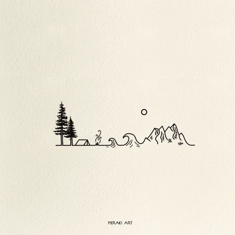 Illustration, art and design. Nature, surf, mountains, ocean, vanille, minimalistic, logo, logo design, tattoo, tattoodesign, surface, custom, travel, vanlife, pine tree, mountains Adventure Minimalist Tattoo, Ocean Tattoo Simple Minimalist, Forest Minimalist Illustration, One Line Nature Tattoo, Sun Moon Ocean Mountain Tattoo, Outdoor Lover Tattoo, Outdoor Adventure Tattoos, Mountain Camping Tattoo, Camping Inspired Tattoo