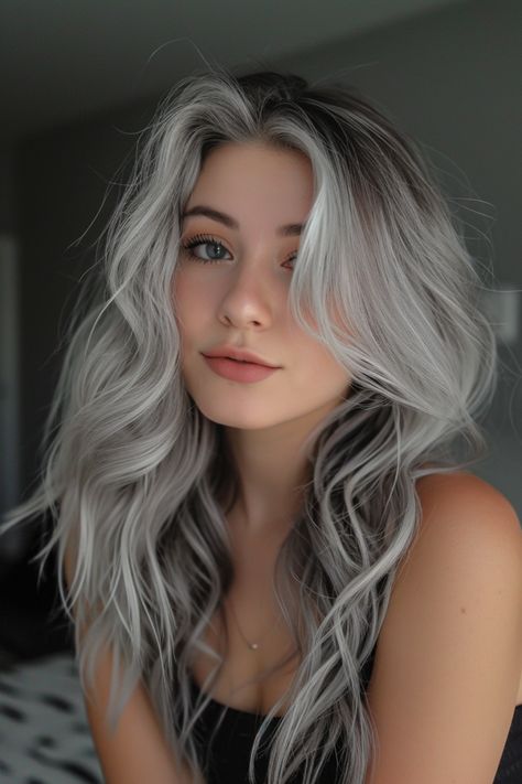 Silver Hair Dark Roots, Smoky Hair Color, Dark Grey Hair Color, Silver Hair Color Ideas, Dark Grey Hair, Long Silver Hair, Silver White Hair, Pretty Nose, Long White Hair