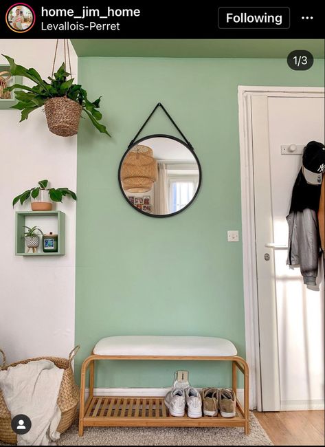 Overall like the idea of accent wall with some kind of bench/stool, small shoe storage, mirror, tray, and/or key storage. Shoe Storage Mirror, Small Shoe Storage, House Colour, Interior House Colors, Mirror Tray, Key Storage, Storage Mirror, Bench Stool, Apartment Ideas