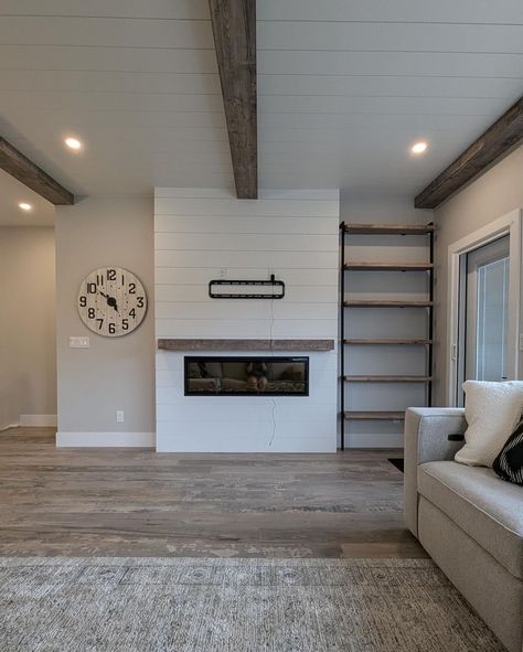 Shiplap Ceiling With Beams, Ceiling With Beams, Shiplap Ceiling, Wall Molding, The Fireplace, Two Birds, Ceiling Beams, Home House, Create Design