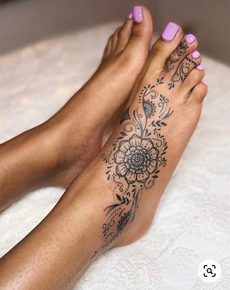 Back Stars Tattoo Women, Henna Calf Tattoo, Ornamental Foot Tattoo Design, Womens Feet Tattoos, Foot And Shin Tattoos For Women, Lotus Foot Tattoos For Women, Boho Foot Tattoo, Back Of Foot Tattoo, Women’s Foot Tattoos