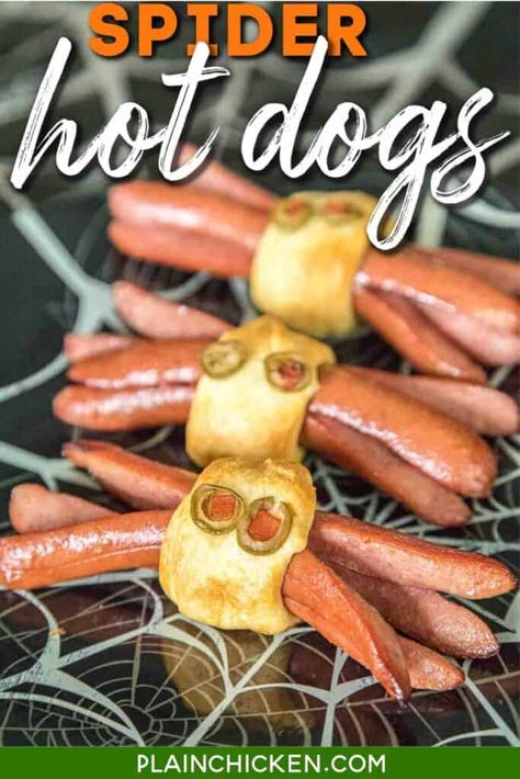 Easy Halloween Recipes - Plain Chicken Spider Hotdogs, Hot Dog Spiders, Halloween Themed Recipes, Halloween Party Recipes, Halloween Hotdogs, Easy Halloween Recipes, Easy Halloween Party Food, Halloween Themed Food, Halloween Party Appetizers