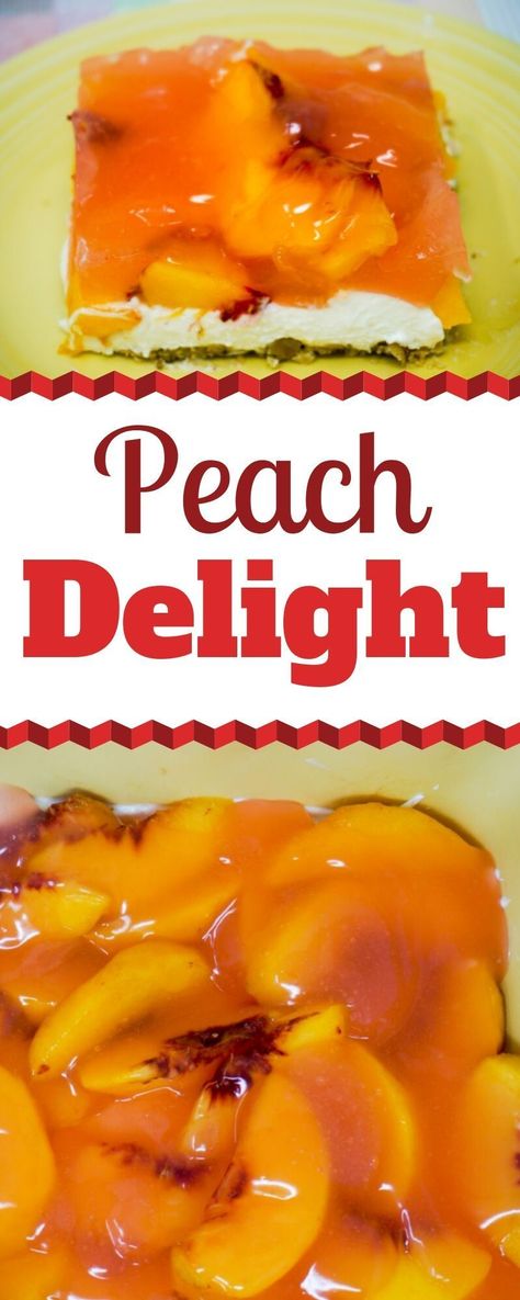 Peach Delight is a light and creamy dessert that is delicious as it is pretty. This is a perfect recipe for all those fresh ripe peaches this time of year. | Peach Delight with Cream Cheese | Peach Dessert with Pecan Crust | Peach Delight Jello Recipe | #Peach #Dessert #Recipe #Delight Peach Dessert Recipe, Stovetop Appetizers, Peaches Cream Cheese, Peach Jello, Peach Delight, Fresh Peach Recipes, Jello Recipe, Pecan Crust, Peach Dessert