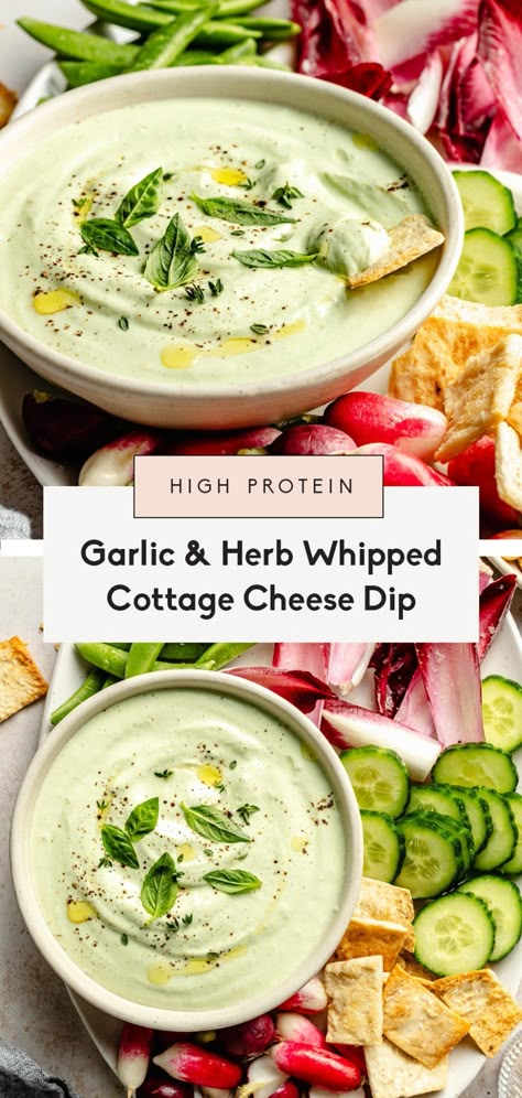 Delicious garlic and herb whipped cottage cheese dip made with 5 simple ingredients for an easy snack or healthy appetizer! This high protein cottage cheese dip is flavorful, creamy, and perfect for dipping fresh veggies or pita chips, adding to sandwiches or toast, or even using as a pasta sauce. Whipped Cottage Cheese Dip, Savory Cottage Cheese, Dip With Veggies, Cottage Cheese Dip Recipes, Mom Snacks, Cottage Cheese Dip, Whipped Cottage Cheese, Protein Cottage Cheese, Cottage Cheese Recipes Healthy