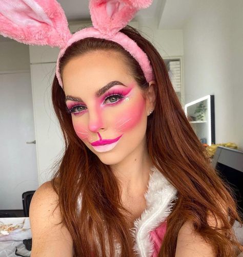 Pink Bunny Makeup Halloween, Pink Bunny Makeup, Bunny Face Makeup, Bunny Diy Costume, Bunny Makeup Halloween, Easter Bunny Makeup, Bunny Makeup Look, Easter Makeup Looks, Bunny Halloween Makeup