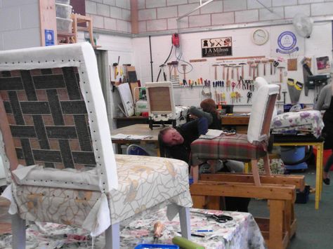 there is always something going on in our workshop, We love teaching you the art of upholstery http://www.jamiltonupholstery.co.uk/courses Upholstery Workshop, Workshop Ideas, Student Work, Toddler Bed, Upholstery, Layout, Bed, Furniture, Home Decor