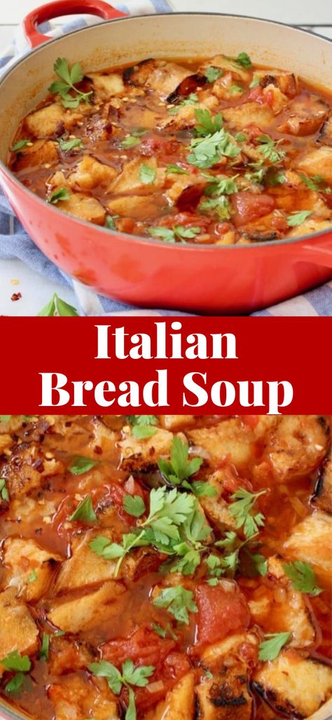 Italian bread soup recipe or Pappa al Pomodoro, a rustic peasant Tuscan tomato soup that is hearty, comforting and filling. A light version of ribollita! Tuscan Italian Soups, Tomato Bread Soup Tuscan, Tomato And Bread Soup, Tuscan Tomato And Bread Soup, Italian Tomato Bread Soup, Italian Bread Soup Recipe, Italian Peasant Soup, Tuscan Bread Soup, Italian Bread Soup