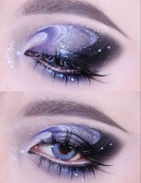 Planet Eye Makeup, Purple Star Makeup, Moon Eye Makeup, Space Eye Makeup, Space Eyeshadow, Space Makeup Looks, Stardust Makeup, Starry Makeup, Galaxy Makeup Looks