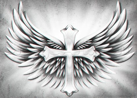 how to draw a cross with wings Cross With Wings Tattoo, Alas Tattoo, Tato Flash, Cross With Wings, Cross Drawing, Throat Tattoo, Cross Tattoo For Men, Wing Tattoo Designs, Cross Tattoos