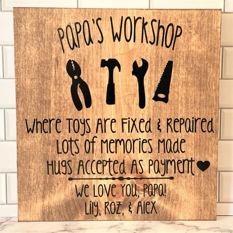 Papa Birthday Crafts From Grandkids, Diy Gifts For Grandfather, Grandkids Gifts, Custom Garage Signs, Workshop Sign, Love You Papa, Gift From Grandkids, Gifts For Grandpa, Father In Law Gifts