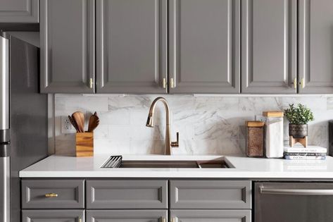 sherwin-williams-gauntlet-gray-kitchen-gold-hardware Sherwin Williams Cabinet Paint, Dark Wood Kitchen Cabinets, Best Gray Paint, Best Gray Paint Color, Warm Gray Paint, Kitchen Cabinet Trends, Серая Кухня, Beauty House, Dark Wood Kitchens