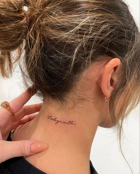 Neck Tattoo Script, Vertical Neck Tattoo, Mini Neck Tattoos, Behind Neck Tattoo Woman, Dainty Neck Tattoo, Behind The Neck Tattoos, Small Neck Tattoos, Saved Tattoo, Number Tattoos