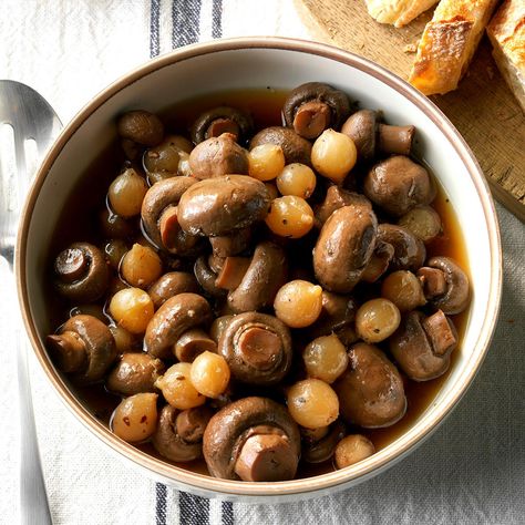 Slow Cooker Marinated Mushrooms Recipe -Here's a terrific healthy addition to any buffet spread. Mushrooms and pearl onions seasoned with herbs, balsamic and red wine are terrific on their own or alongside a tenderloin roast. —Courtney Wilson, Fresno, California Marinated Mushrooms Recipe, Hanukkah Food, Marinated Mushrooms, Pearl Onions, Mushroom Recipes, Pressure Cooker Recipes, Taste Of Home, Pressure Cooker, Cooker Recipes