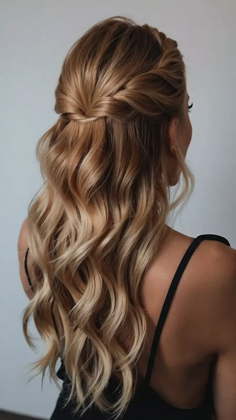 15 Fabulous Hoco Hairstyles: Get Your Groove On! - Inspire Inlet Simple Hairstyle Bridesmaid, Half Up Bridesmaid Hair Medium Shoulder Length, Semi Formal Hairstyles Medium Half Up, Homecoming Hairstyles For Long Hair Half Up Half Down, Easy Half Up Half Down Bridesmaid Hair, Easy Bridesmaid Hair Long, Easy Hair Half Updos, Hairstyles With Medium Length Hair, Half Hair Up Hairstyles Easy