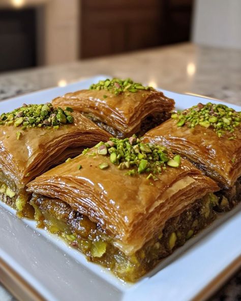 🌰🍯 Pistachio Baklava 🌰🍯 Ingredients For the Baklava - 1 package phyllo dough (16 oz), thawed - 2 cups pistachios, finely chopped - 1/2 cup walnuts, finely chopped - 1/4 cup granulated sugar - 1 teaspoon ground cinnamon - 1 cup unsalted butter, melted For the Honey Syrup - 1 cup granulated sugar - 1/2 cup water - 1/2 cup honey - 1 teaspoon lemon juice - 1/2 teaspoon vanilla extract Directions 1. Preheat your oven to 350°F (175°C). 2. In a bowl, mix the chopped pistachios, wa... Honey Baklava Recipe, Honey Baklava, Turkish Aesthetic, Pistachio Baklava, Pistachio Recipes, Baklava Recipe, Homemade Cookbook, Festive Desserts, Phyllo Dough