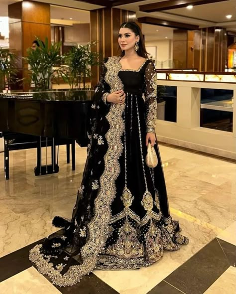 Inbox us to order ✉📬 Or contact 📞 +923074745633 📞☎ (WhatsApp ✔) Black And Gold Pakistani Wedding Dress, Black And Gold Pakistani Dress, New Wedding Dresses Pakistani, Black Bride Dresses, Black Bridal Dress Pakistani, Qawwali Night Outfit, Black Traditional Outfit, Black And Gold Dress Outfit, Black Desi Outfit