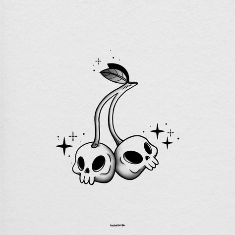 A simple black and white cherry and skill tattoo design with sparkles and stars. Cherry Skull Tattoo Design, Dark Cute Tattoos, Tiny Goth Tattoo, Skull Tattoo Minimalist, Skull Small Tattoo, Small Skull Tattoo For Women, Skull Cherries Tattoo, Little Skull Tattoo, Skull Art Simple