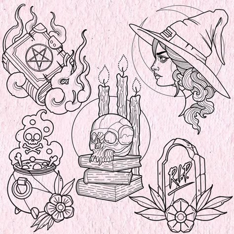 Gavin Hackett on Instagram: "🎃AVAILABLE FLASH🎃 (swipe for scary Luna) . Halloween technically may be over but that will never stop me from drawing flash , these designs are available to tattoo , drop me a DM if you would like to get one . #tattooflash #halloweentattoo #halloweentattooflash #lowkeytattooglasgow #glasgowtattoo #scottishtattoo" Halloween Tattoo Sleeves, Scary Flash Tattoo, Neotrad Flash, Witch Tattoo Flash Sheet, Halloween Tattoo Designs Drawings, Spooky Designs Drawing, Witchcraft Flash Tattoo, Halloween Tattoo Sleeve, Halloween Flash Sheet Tattoo