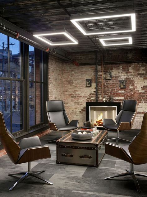 Modern Industrial Office Design, Professional Office Design, Modern Industrial Office, Industrial Office Design, Loft Office, Modern Office Interiors, Office Space Design, Office Lounge, Modern Office Design