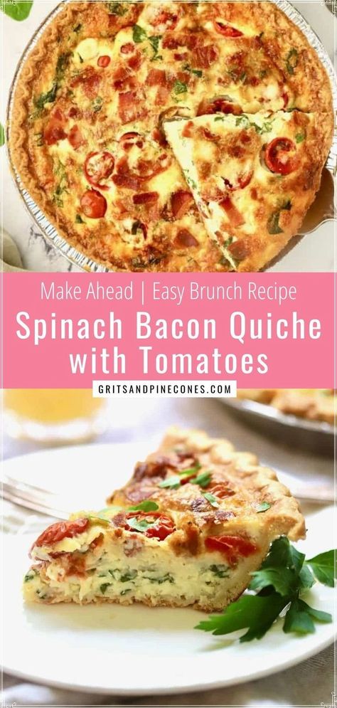 Quiche With Tomatoes, Bacon Spinach Quiche, Spinach And Bacon Quiche, Bacon And Cheese Quiche, Spinach Bacon Quiche, Spinach And Bacon, Simple Quiche, Savory Quiche, Bacon Quiche Recipe