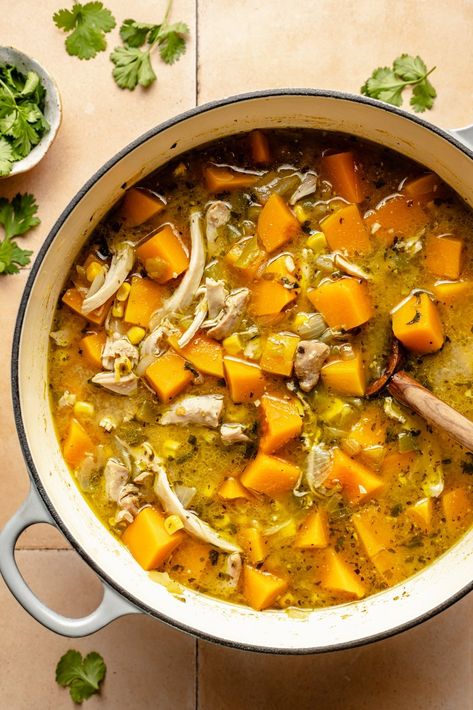 Chicken Stew With Butternut Squash, Butternut Squash Soup With Chicken, Chicken Butternut Squash Soup, Fall Chicken Soup, Butternut Squash Chicken Soup, Green Chile Chicken Soup, Butternut Squash Soup Crockpot, Butternut Squash Chicken, Butternut Squash Tacos