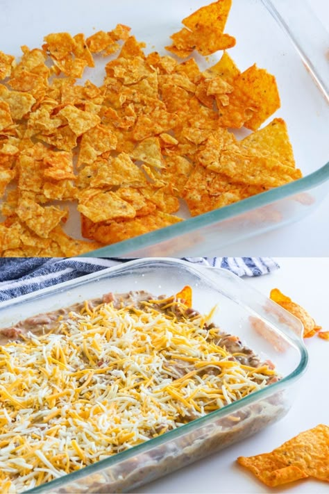 Whip up this easy and simple Dorito Casserole. This is a seasoned ground beef and Dorito taco bake that is loaded with flavor. Top with your favorite taco toppings and dive in. A simple and affordable casserole to make any day of the week. Kid friendly ground beef recipe. Simple Taco Casserole, Taco Casserole Doritos, Dorito Casserole With Ground Beef, Ground Beef And Doritos Recipes, Dorito Taco Casserole Bake, Dorito Taco Bake Casserole, Hamburger Dorito Casserole, Dorito Beef Casserole, Meal Using Ground Beef