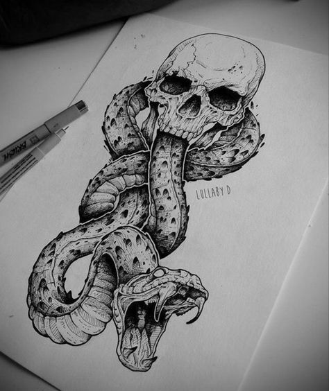 Skull Tattoos Sleeve, Harry Potter Snake Tattoo, Skull And Snake Tattoo Design, Dark Mark Tattoos, Harry Tattoos, Skull And Snake, Snake Logo, Snake Drawing, Tattoos Sleeve