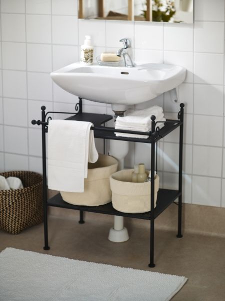 Hide unsightly pipes and add extra storage with the RÖNNSKÄR sink shelf. Under Sink Storage Ideas, Pedestal Sink Storage, Sink Shelf, Ikea Bathroom, Under Sink Storage, Small Bathroom Storage, White Sink, Sink Storage, Decor Baie