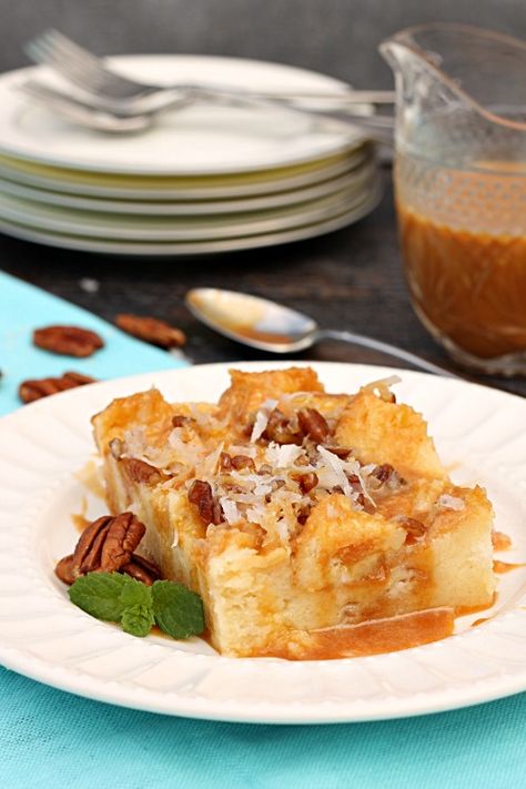 Caramel-Coconut-Caramel-Cream-Bread-Pudding Bananas Foster Bread Pudding Recipe, Coconut Bread Pudding, Nestle Coffee, Caramel Coconut, Cream Bread, Bread Puddings, Cake Mug, Coconut Bread, Coffee Mate